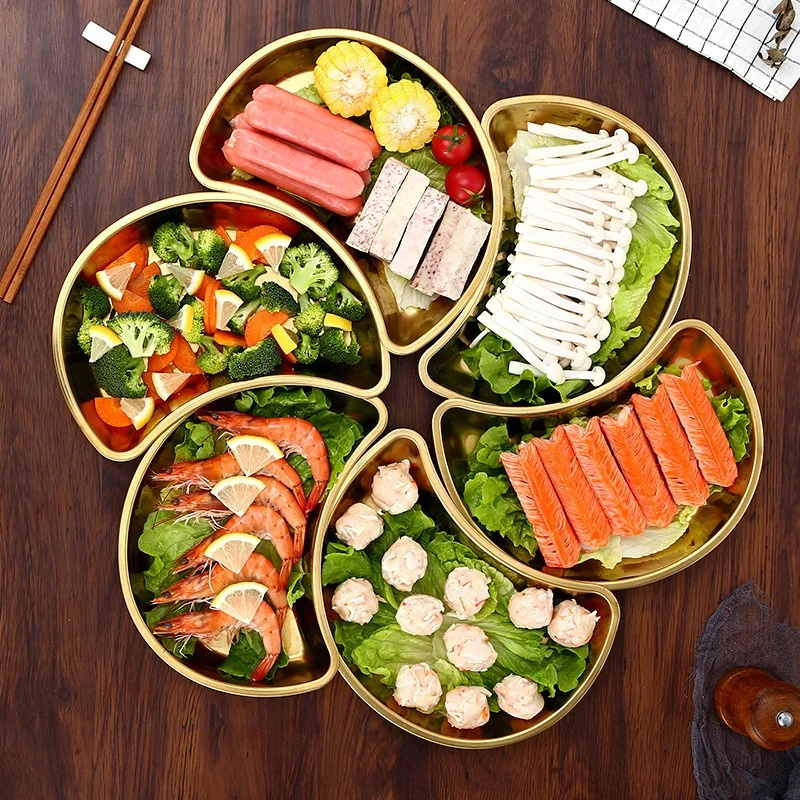 5Pcs /set Mutifunctional Crescent Shaped Plate Family Reunion Veggie Salver Stainless Steel Creative Combination Dinnerware Set
5Pcs /set Mutifunctional Crescent Shaped Plate Family Reunion Veggie Salver Stainless Steel Creative Combination Dinnerware Set