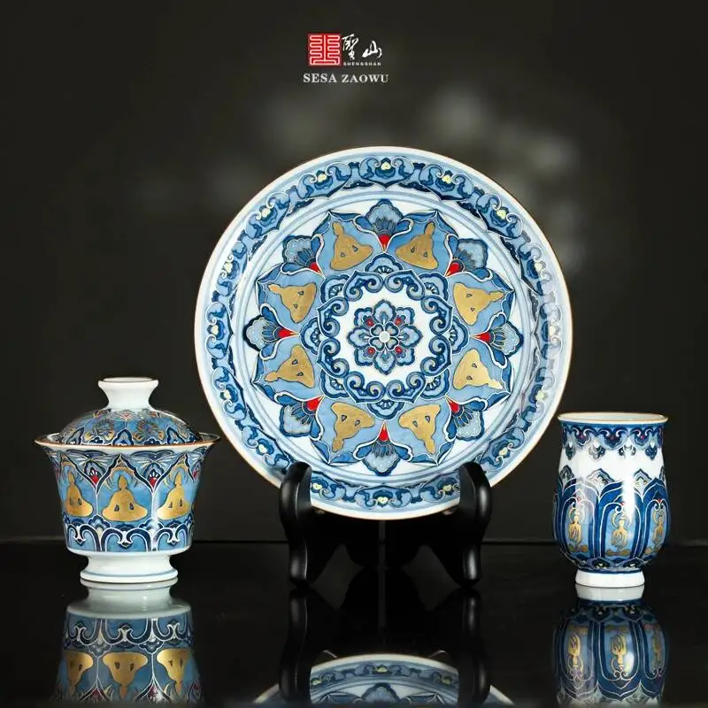 Xunzhen Tang Dunhuang Series Blue White With Gold And Silver Inlay Buddha Image Ceramic Gaiwan Set For Brewing Tea
Xunzhen Tang Dunhuang Series Blue White With Gold And Silver Inlay Buddha Image Ceramic Gaiwan Set For Brewing Tea