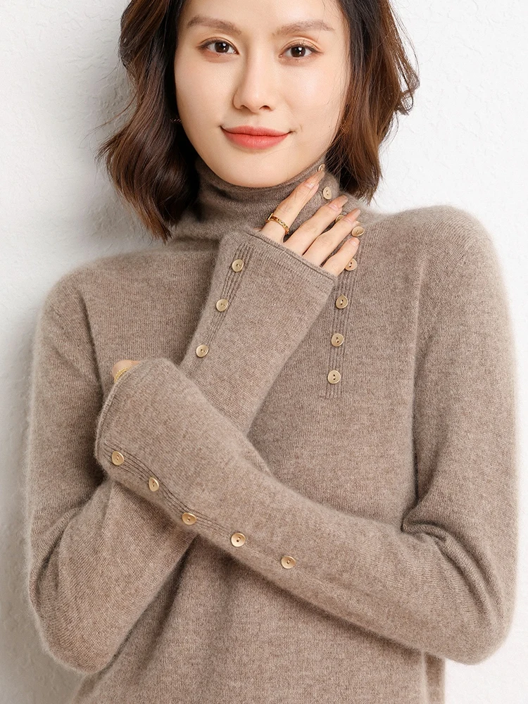 Chic Women's Turtleneck Button Pullover Autumn Winter 100% Cashmere Sweater Female Grace Soft Casual Fashion Knitting New Tops
Chic Women's Turtleneck Button Pullover Autumn Winter 100% Cashmere Sweater Female Grace Soft Casual Fashion Knitting New Tops