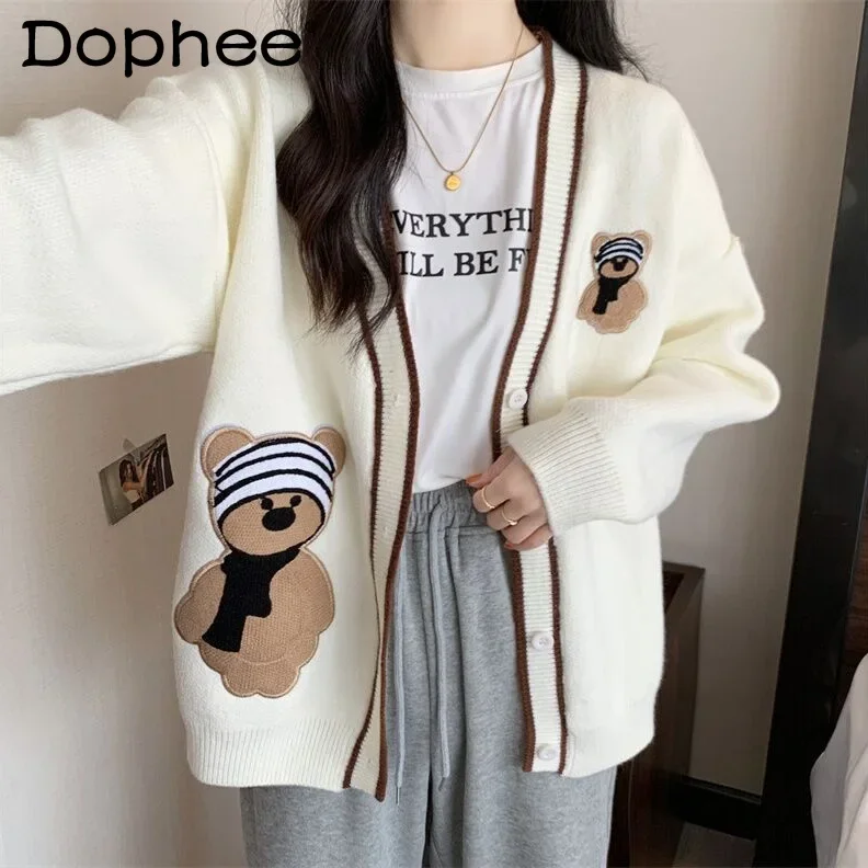Cartoon Bear Versatile Fashionable Knitted Cardigan Autumn Winter New Loose V-neck Long Sleeve Contrast Color Sweater Women
Cartoon Bear Versatile Fashionable Knitted Cardigan Autumn Winter New Loose V-neck Long Sleeve Contrast Color Sweater Women