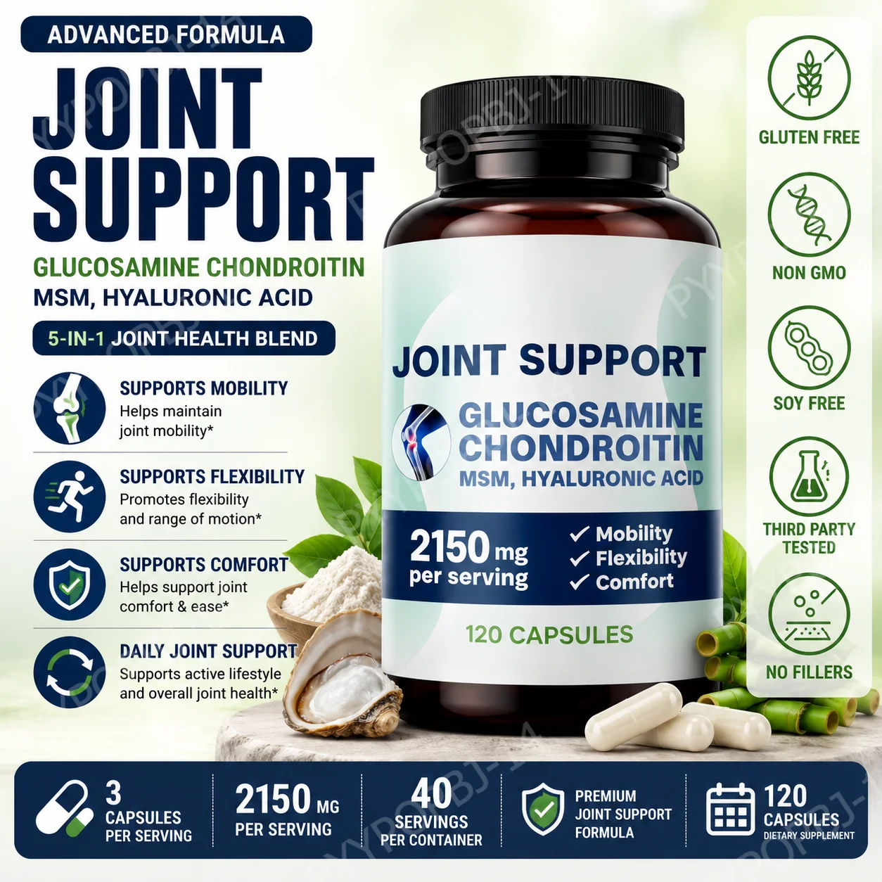 Joint Support Supplement Glucosamine Chondroitin MSM Hyaluronic Acid 2150mg Mobility Flexibility Daily Comfort Support 120 Count
Joint Support Supplement Glucosamine Chondroitin MSM Hyaluronic Acid 2150mg Mobility Flexibility Daily Comfort Support 120 Count