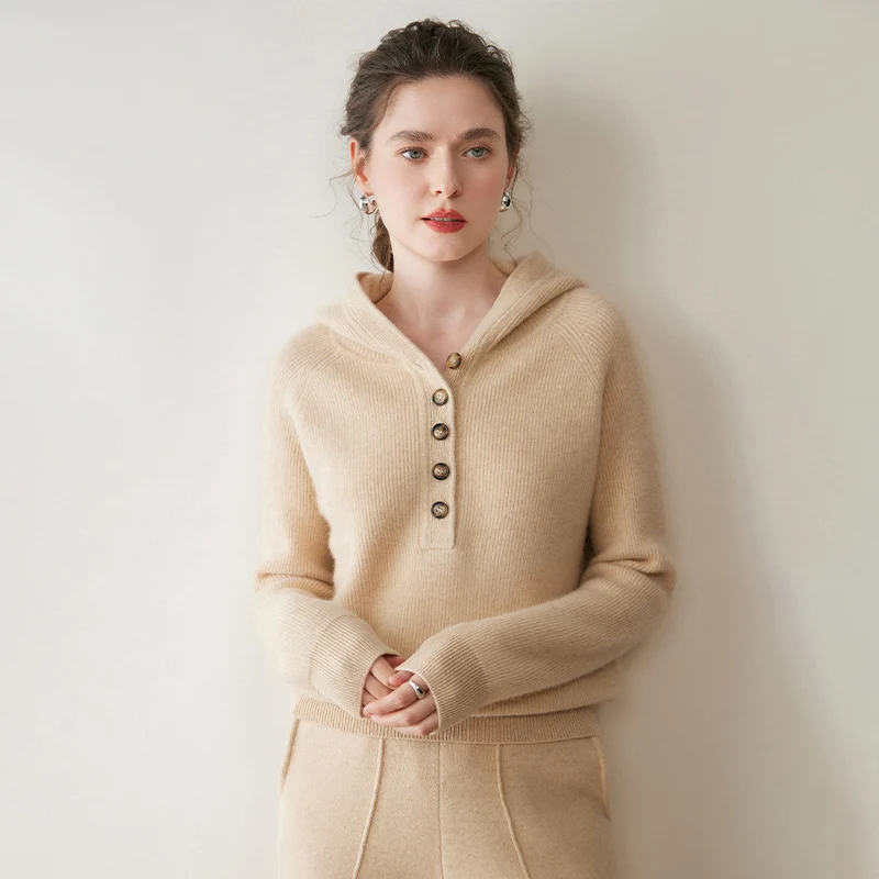 Autumn Winter 100% Pure Cashmere Pullover Sweater Women's Soild Hooded Five Button Loose Knit Sweater Thick Warm Versatile
Autumn Winter 100% Pure Cashmere Pullover Sweater Women's Soild Hooded Five Button Loose Knit Sweater Thick Warm Versatile