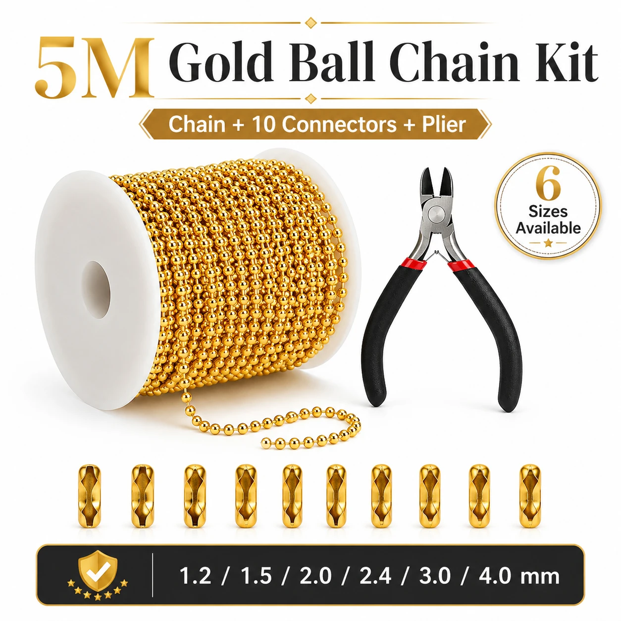 5M iron Bead Chain 1.2-4mm, Golden Link Chain with 10 Ball Connector Clasps & Plier for Necklace Keychain Dog Tag
5M iron Bead Chain 1.2-4mm, Golden Link Chain with 10 Ball Connector Clasps & Plier for Necklace Keychain Dog Tag