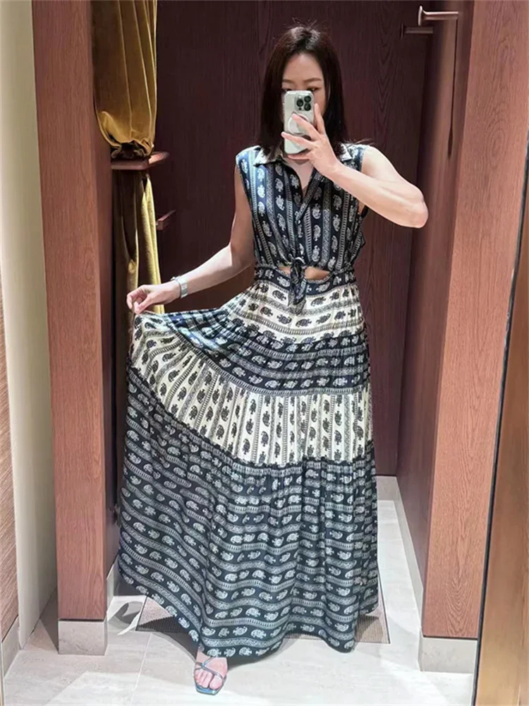 Women Knotted Midi Dress Vintage Printed Turn-down Collar Sleeveless Elegant Summer 2024 Robe
Women Knotted Midi Dress Vintage Printed Turn-down Collar Sleeveless Elegant Summer 2024 Robe