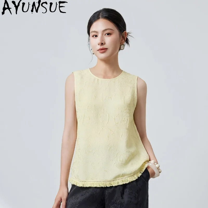AYUNSUE 19mm Crown Crepe Silk Women's Tanks Chinese Style Sleeveless Tops for Woman Tassel Design Tanks Top Woman Clothes Одежда
AYUNSUE 19mm Crown Crepe Silk Women's Tanks Chinese Style Sleeveless Tops for Woman Tassel Design Tanks Top Woman Clothes Одежда