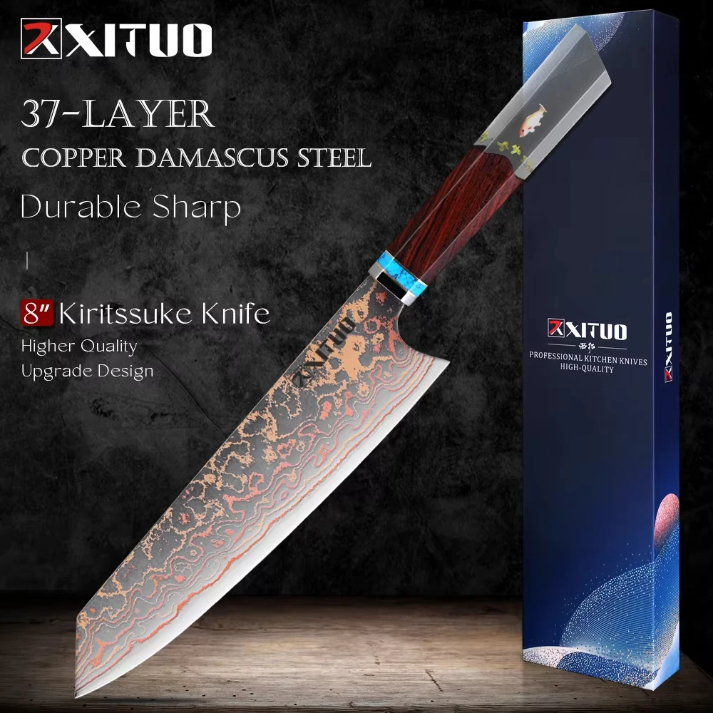 Kiritsuke Chef Knife,8 Inch, 37 Layers Tricolor Copper Damascus Steel-Japanese Damascus Knife for Chefs&Home Cooking-Razor Shar
Kiritsuke Chef Knife,8 Inch, 37 Layers Tricolor Copper Damascus Steel-Japanese Damascus Knife for Chefs&Home Cooking-Razor Shar