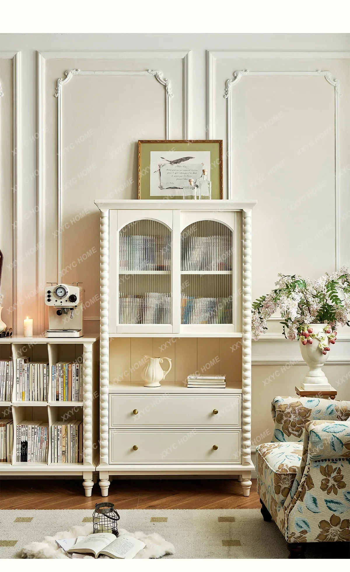 White Cream Style Bookcase Light Living Room with Glass Door Wine Cabinet Storage Display Cabinet R
White Cream Style Bookcase Light Living Room with Glass Door Wine Cabinet Storage Display Cabinet R