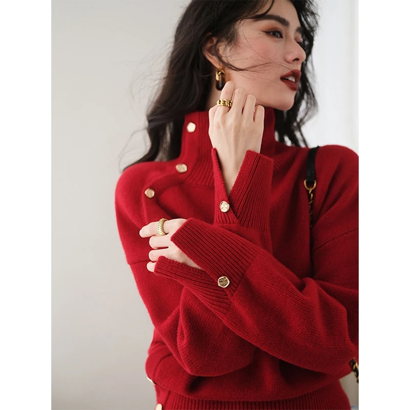 Thickened Long Sleeve High Collar Knitted Sweater Casual Women's Winter Fashion Button Design Comfortable Fit Red Color Top
Thickened Long Sleeve High Collar Knitted Sweater Casual Women's Winter Fashion Button Design Comfortable Fit Red Color Top