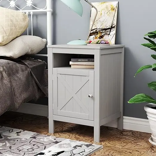 Grey inish Nightstand Side End Table with Barn Door Cabinet and Open Shel 26" H
Grey inish Nightstand Side End Table with Barn Door Cabinet and Open Shel 26" H