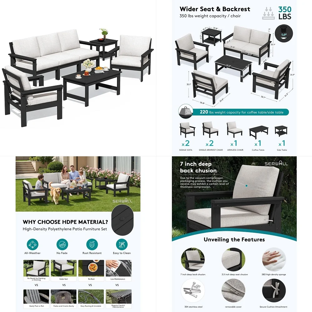 HDPE Patio Furniture Set, 7piece Outdoor Sectional Sofa Set, All Weather Outdoor Couch Set for Deck, Lawn, Black Frame with Kha
HDPE Patio Furniture Set, 7piece Outdoor Sectional Sofa Set, All Weather Outdoor Couch Set for Deck, Lawn, Black Frame with Kha