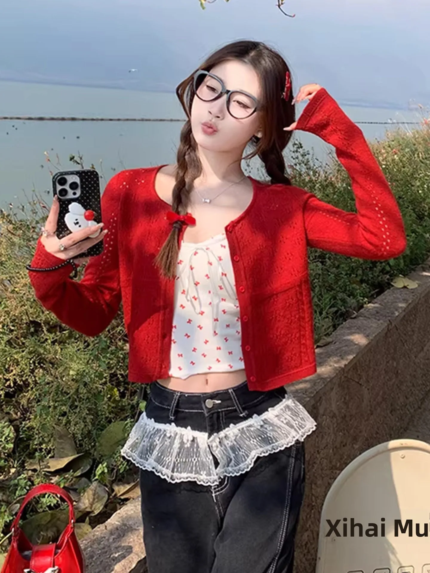 Summer Lightweight Red Ice Silk Hollow out Sun Protection Cardigan with Strap Breathable Korean Style Knitted Soft Outerwear
Summer Lightweight Red Ice Silk Hollow out Sun Protection Cardigan with Strap Breathable Korean Style Knitted Soft Outerwear