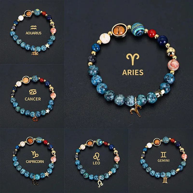 Chinese Style Lucky 12 Constellation Eight Planets Natural Stone Beaded Bracelet Blue Spot Jasper Tiger Eye Pink Stone Good Luck
Chinese Style Lucky 12 Constellation Eight Planets Natural Stone Beaded Bracelet Blue Spot Jasper Tiger Eye Pink Stone Good Luck