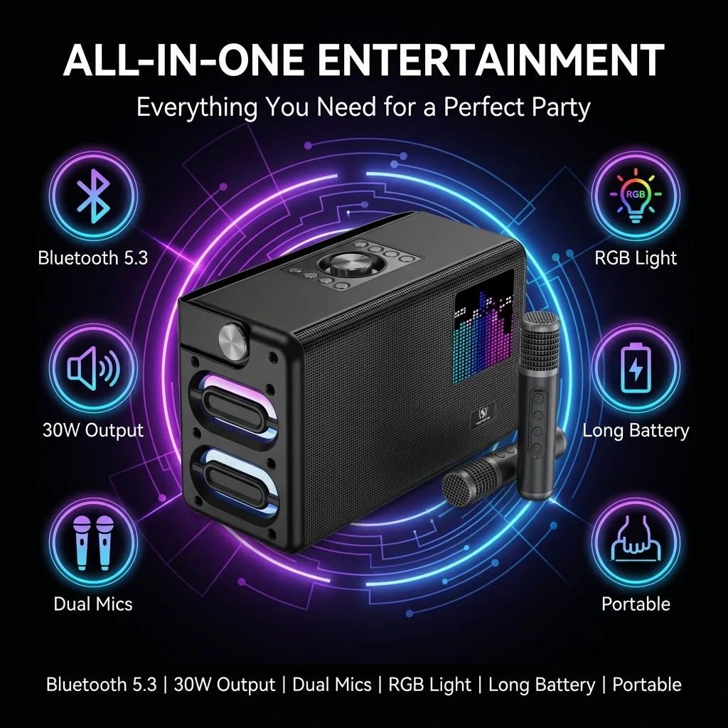30W YS317 Wireless Bluetooth Karaoke Boombox,RGB Ambient Light,Multi Port USB AUX Type-C, Outdoor Camping Party Loudspeakers
30W YS317 Wireless Bluetooth Karaoke Boombox,RGB Ambient Light,Multi Port USB AUX Type-C, Outdoor Camping Party Loudspeakers