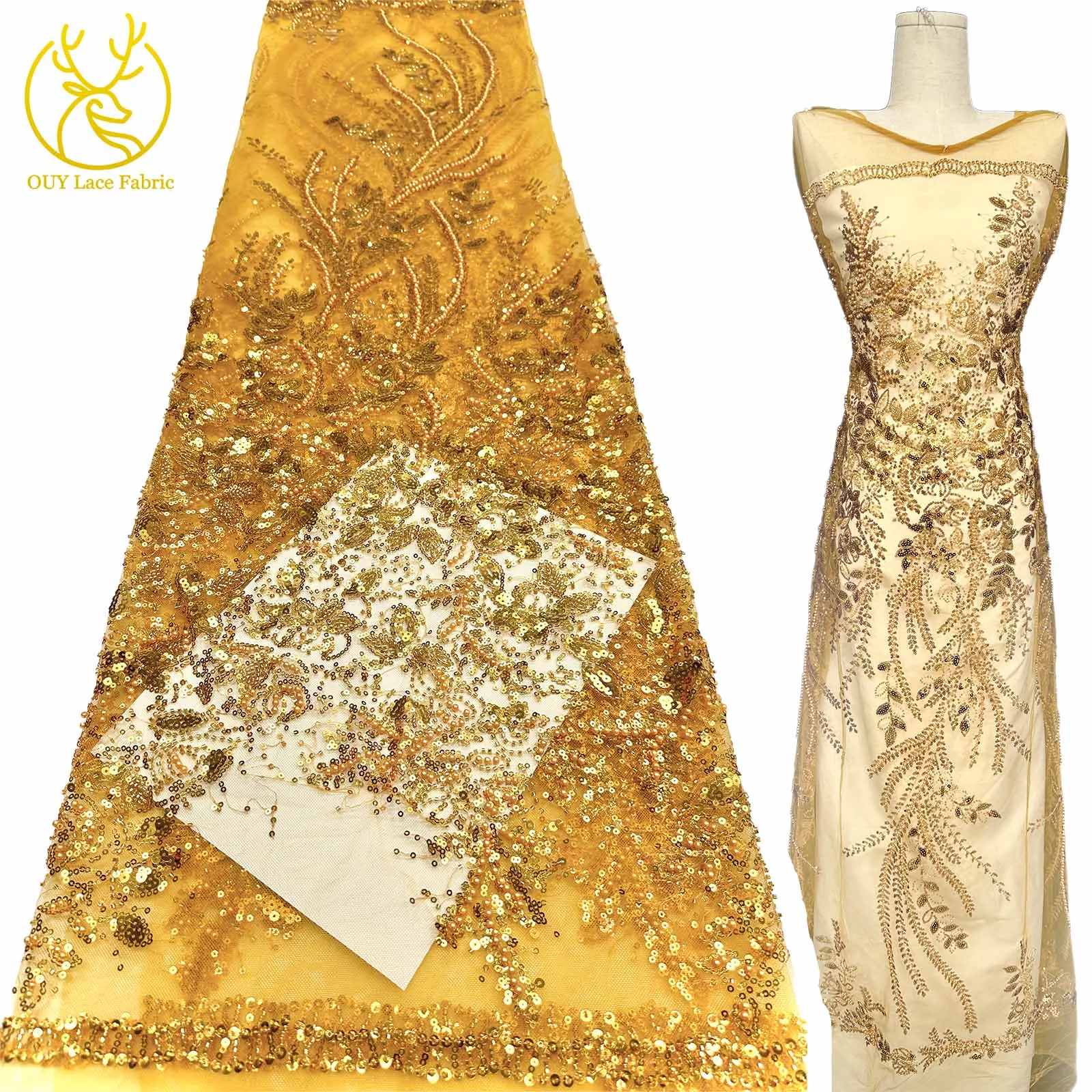Gold Luxury Dress African Beaded Lace Fabric French Nigerian Sequins Embroidered Lace Fabric for Party Wedding Material 
Gold Luxury Dress African Beaded Lace Fabric French Nigerian Sequins Embroidered Lace Fabric for Party Wedding Material