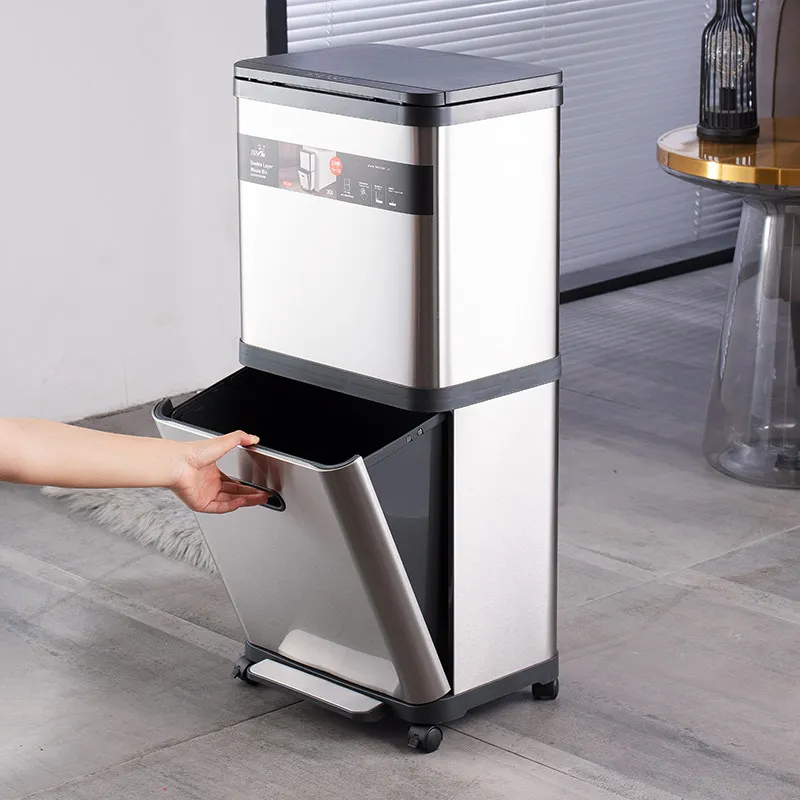 Stainless Steel Trash Can with Press Type Lid Double Layer Rolling Wheels Office Kitchen Sorting Waste Basket No Bend Easy Use
Stainless Steel Trash Can with Press Type Lid Double Layer Rolling Wheels Office Kitchen Sorting Waste Basket No Bend Easy Use