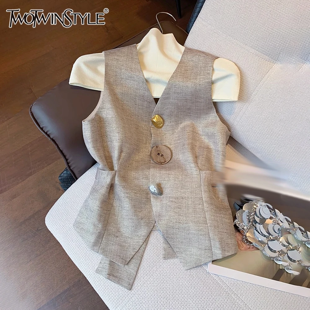 TWOTWINSTYLE Elegant Slimming Spliced Button Solid Jackets For Women V Neck Sleeveless High Waist Chic Jacket Female KJA543950
TWOTWINSTYLE Elegant Slimming Spliced Button Solid Jackets For Women V Neck Sleeveless High Waist Chic Jacket Female KJA543950