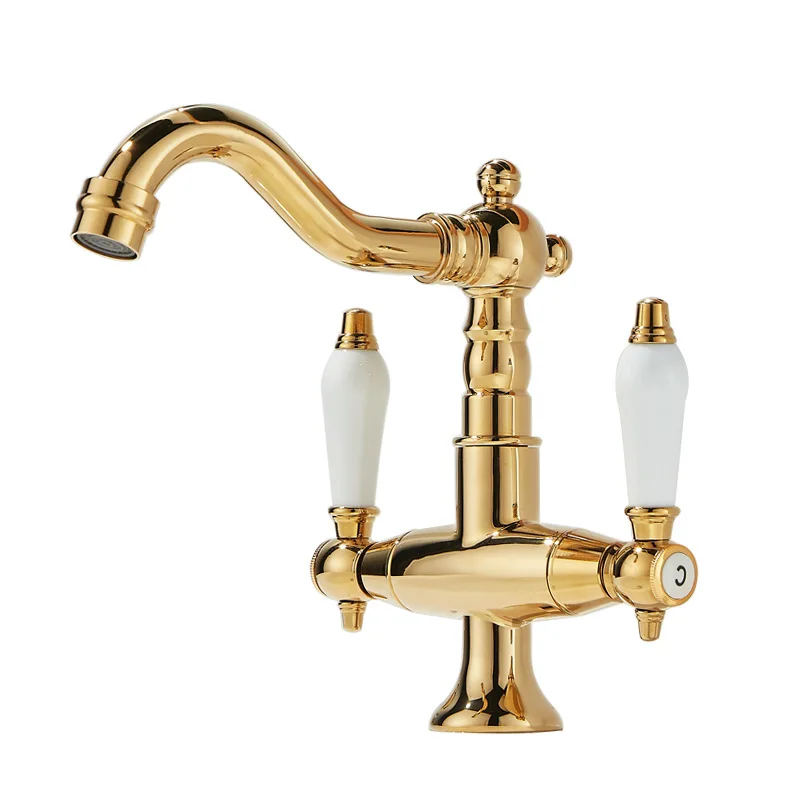 European-style gold double-handle faucet, bathroom wash basin faucet, hot and cold single hole
European-style gold double-handle faucet, bathroom wash basin faucet, hot and cold single hole