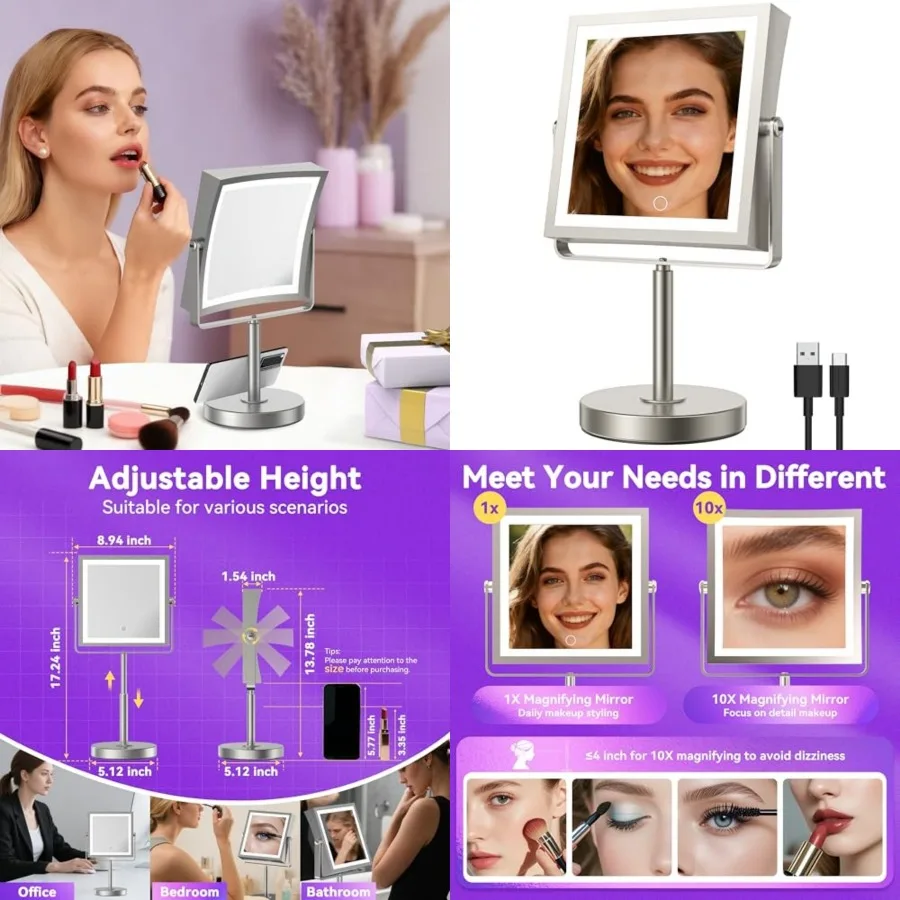 JIONIESIM Series 1X/10X Makeup Mirror with Lights, Double Sides Lighted Magnifying Mirror with 3 Colors, Height and Brightness
JIONIESIM Series 1X/10X Makeup Mirror with Lights, Double Sides Lighted Magnifying Mirror with 3 Colors, Height and Brightness