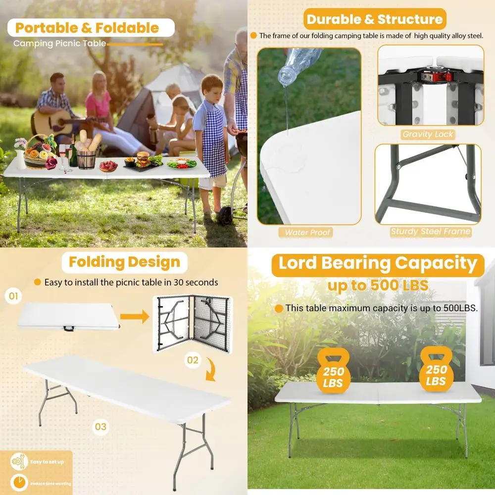 Портативный складной стол для пикника из белого пластика длиной 6 футов с ручкой для переноски
Портативный складной стол для пикника из белого пластика длиной 6 футов с ручкой для переноски