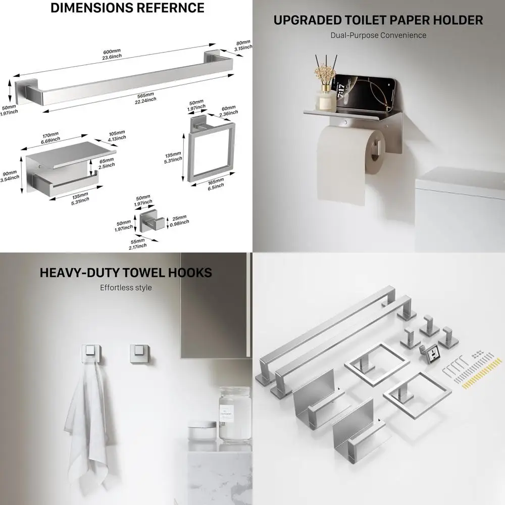 23.6 Inch Brushed Nickel Bathroom Accessory Set, Stainless Steel Towel Bar, Toilet Paper Holder, Hooks & Ring
23.6 Inch Brushed Nickel Bathroom Accessory Set, Stainless Steel Towel Bar, Toilet Paper Holder, Hooks & Ring