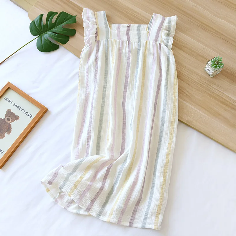 Sweet Striped night dress women double gauze wrinkly cotton summer fresh princess sleeveless indoor vest sleepwear
Sweet Striped night dress women double gauze wrinkly cotton summer fresh princess sleeveless indoor vest sleepwear