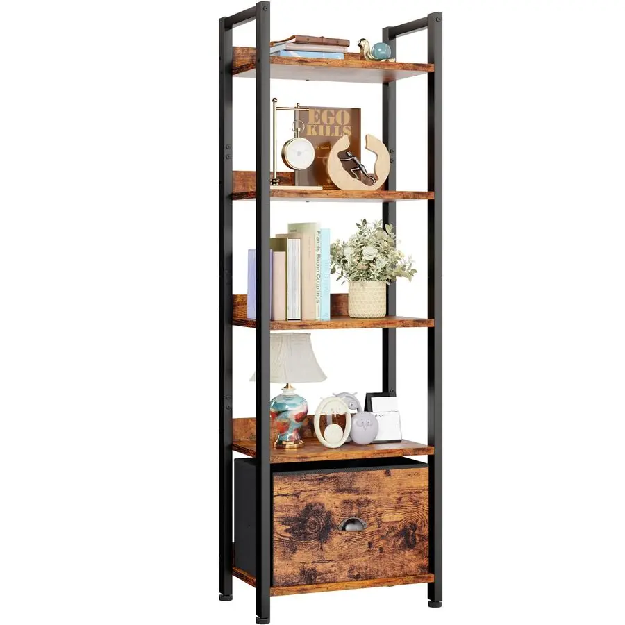 5 Tier Bookshelf with Drawer, Tall Narrow Bookcase with Shelves, Wood and Metal Bookshelves Storage Organizer, Industrial Displa
5 Tier Bookshelf with Drawer, Tall Narrow Bookcase with Shelves, Wood and Metal Bookshelves Storage Organizer, Industrial Displa
