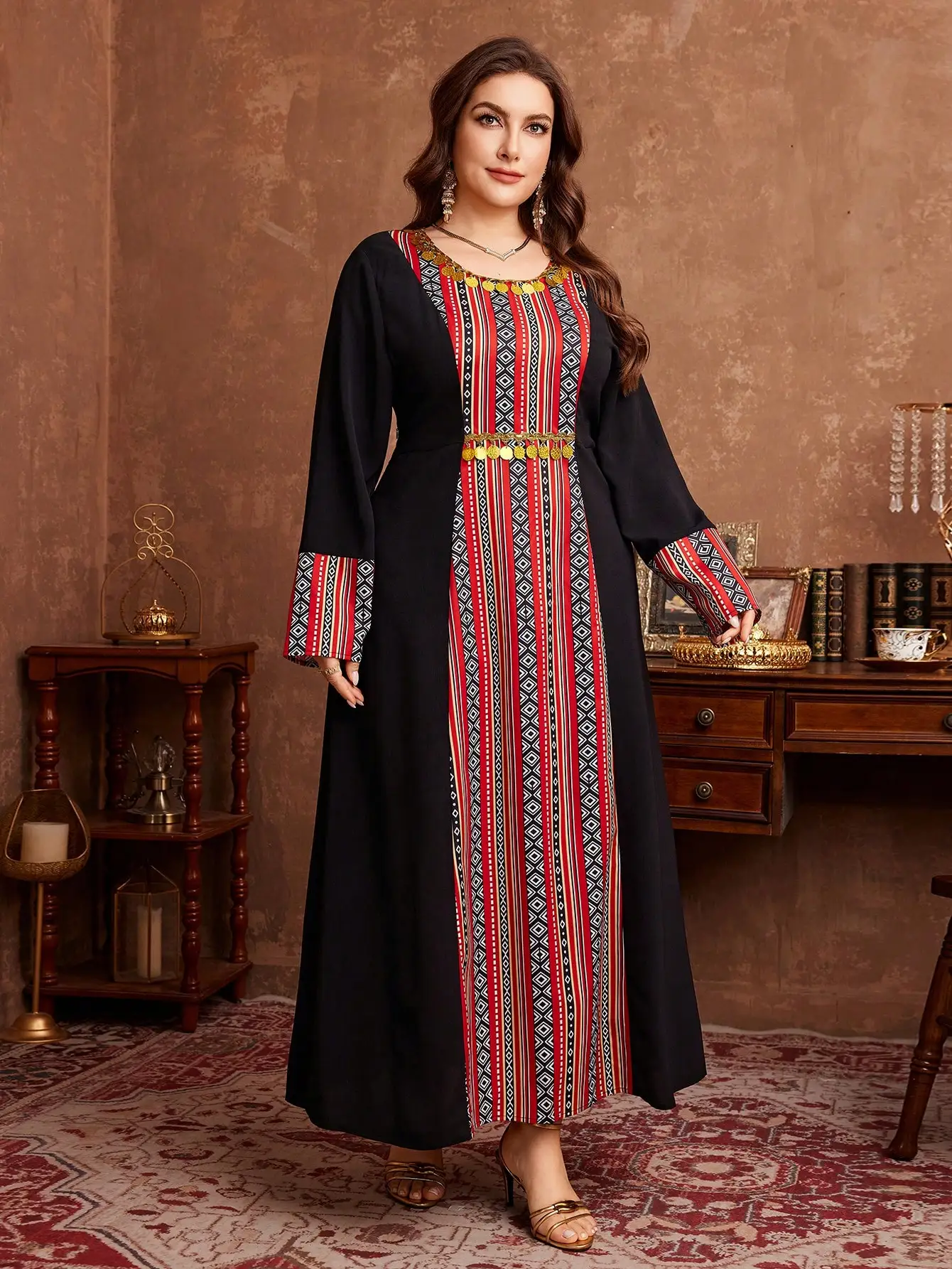 Traditional Arabic Jubba Thobe With Sadu Print Patchwork And Sequin Trim For Women
Traditional Arabic Jubba Thobe With Sadu Print Patchwork And Sequin Trim For Women