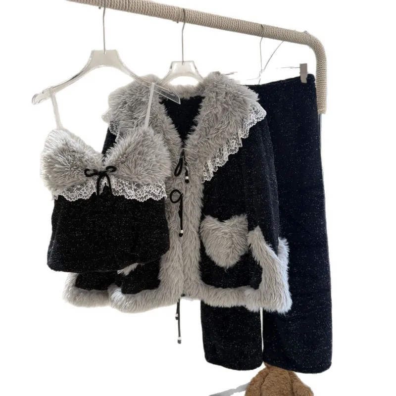 Starry Sky Pajamas Women's Comfortable Cotton Lint Autumn Winter Sexy Thickened Loungewear Three-piece Set Simple Velvet Pajamas
Starry Sky Pajamas Women's Comfortable Cotton Lint Autumn Winter Sexy Thickened Loungewear Three-piece Set Simple Velvet Pajamas