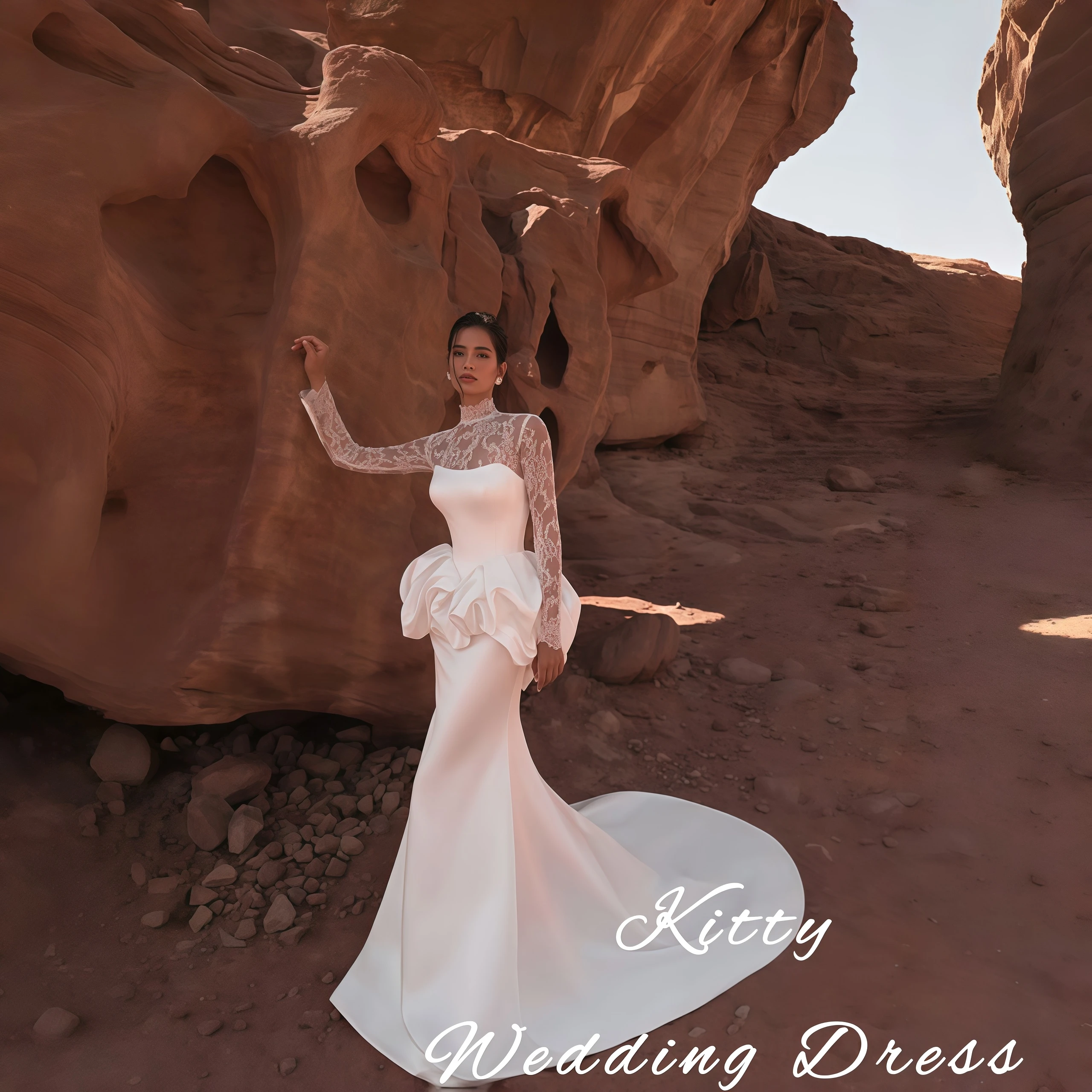 Kitty Customized Elegant Wedding Dress High Neck Lace Long Sleeves Satin Ruched Bodice Ruffle Peplum Mermaid Train Bridal Gown
Kitty Customized Elegant Wedding Dress High Neck Lace Long Sleeves Satin Ruched Bodice Ruffle Peplum Mermaid Train Bridal Gown