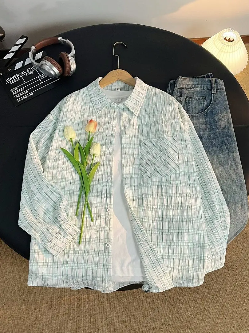 Mint Green Plaid Long Sleeve Men's Shirt Lightweight Summer Sun Protection Casual Style Loose Fit Printed Outerwear Coat
Mint Green Plaid Long Sleeve Men's Shirt Lightweight Summer Sun Protection Casual Style Loose Fit Printed Outerwear Coat