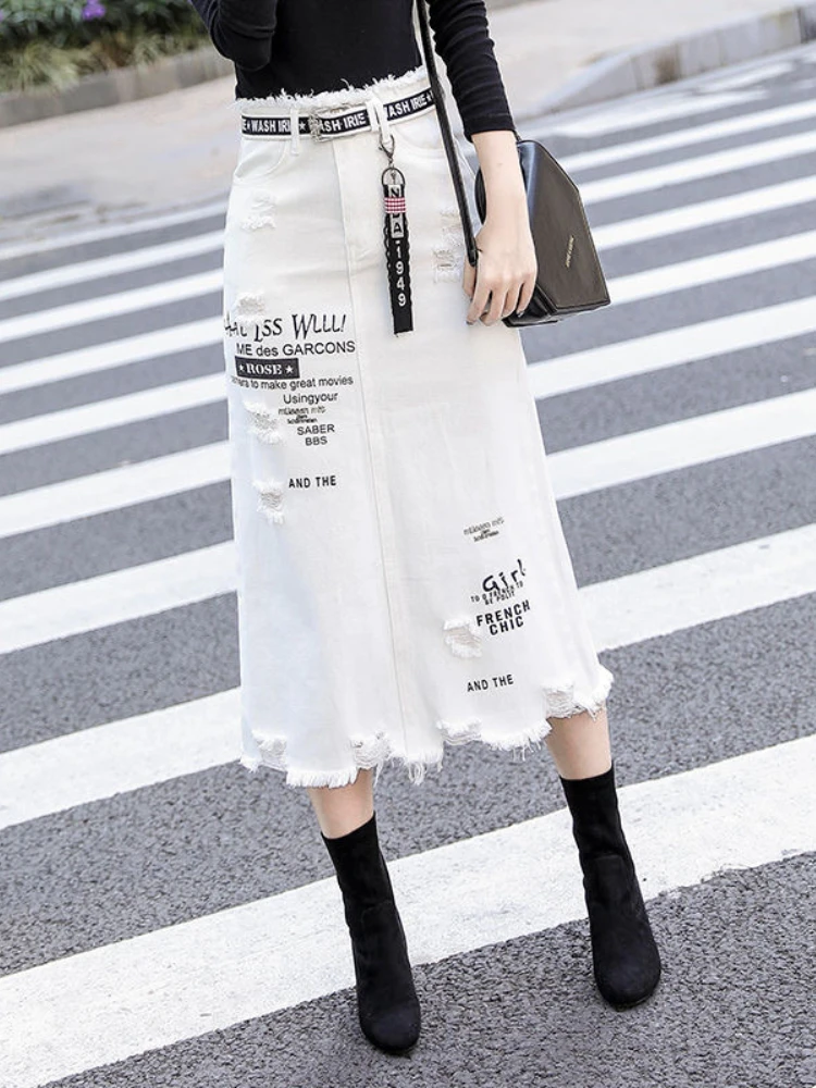 New 2025 Skirt Women White Denim Long Skirts Letter Print Casual Style Fashion Hole Woman Skirts
New 2025 Skirt Women White Denim Long Skirts Letter Print Casual Style Fashion Hole Woman Skirts