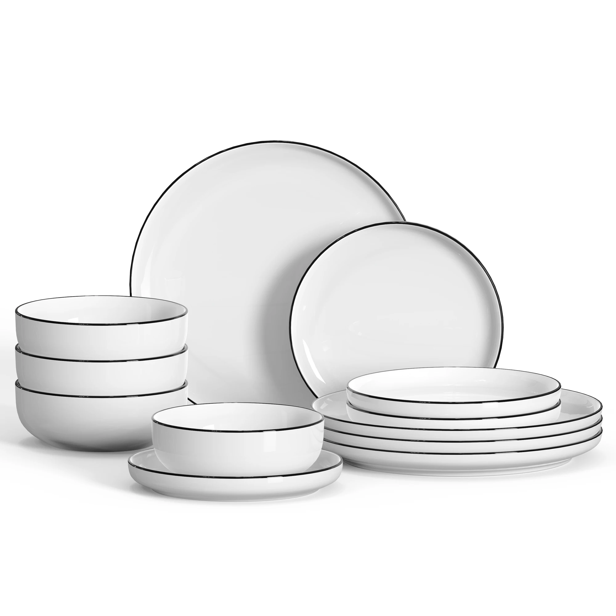 12-Piece Porcelain Dinnerware Set, Handmade Ceramic Dishes with Black Rim, Microwave & Dishwasher Safe
12-Piece Porcelain Dinnerware Set, Handmade Ceramic Dishes with Black Rim, Microwave & Dishwasher Safe