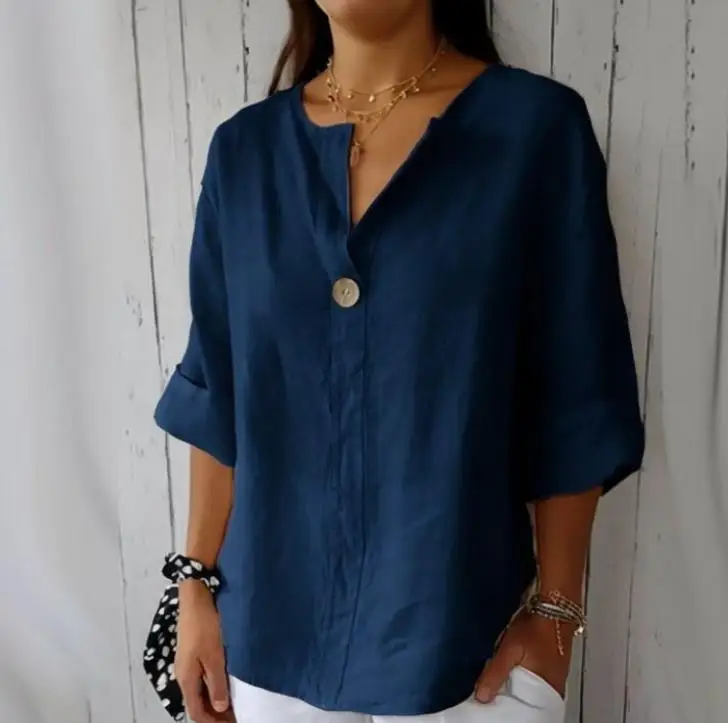 Summer Loose T-Shirt Women's V-Neck Cotton Linen Button Top Solid Color Casual Loose Button Decoration Short Sleeved T-Shirt Top
Summer Loose T-Shirt Women's V-Neck Cotton Linen Button Top Solid Color Casual Loose Button Decoration Short Sleeved T-Shirt Top