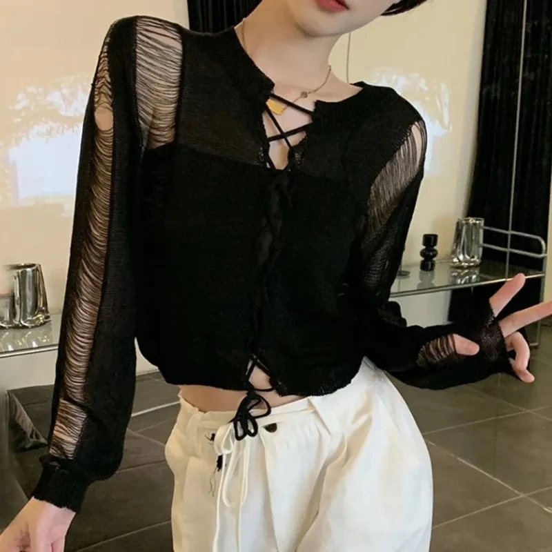 Black Gothic Thin Pullover Hollow Out Knit Cropped Sweater Hole Broken Bandage Jumpers Fashion Streetwear
Black Gothic Thin Pullover Hollow Out Knit Cropped Sweater Hole Broken Bandage Jumpers Fashion Streetwear