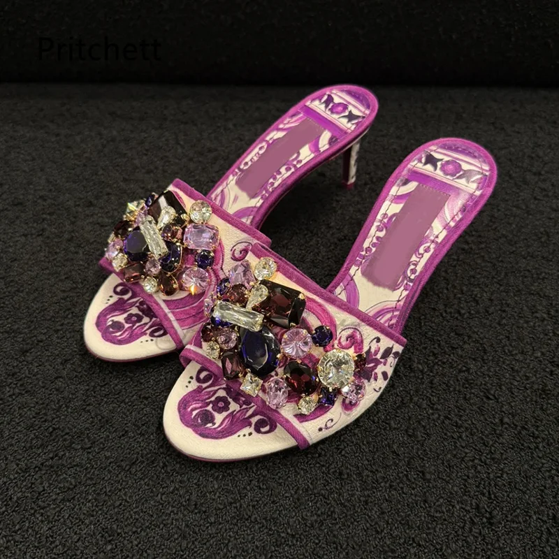 Purple Prints Stiletto Slippers for Women Rhinestone Gem Open Toe Summer Shoes High Heels Bohemian Vacation Party Crystal Shoes
Purple Prints Stiletto Slippers for Women Rhinestone Gem Open Toe Summer Shoes High Heels Bohemian Vacation Party Crystal Shoes