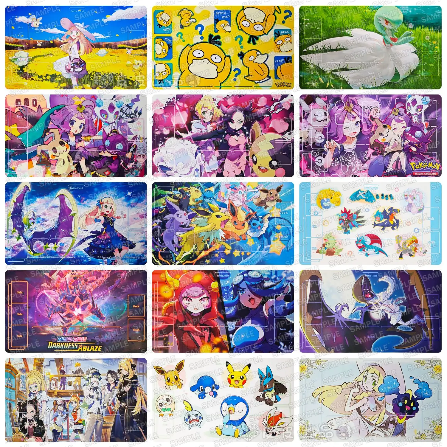 60X35cm PTCG Psyduck Eevee Gardevoir Diy Trading Card Playmat Trainer Lillie Acerola Card Grid Single Rubber Board Game Mat Toys
60X35cm PTCG Psyduck Eevee Gardevoir Diy Trading Card Playmat Trainer Lillie Acerola Card Grid Single Rubber Board Game Mat Toys