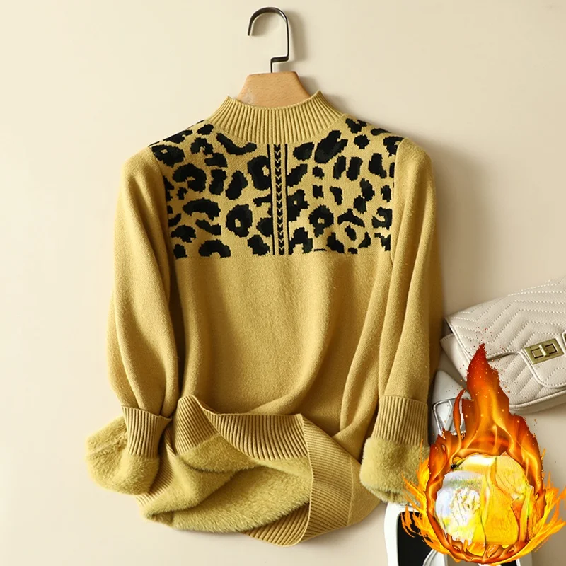 Mock Neck Fleece Knitted Sweater for Women, Female Pullovers, Thick Warm Tops, Leopard, Outwear Coats, Winter, 2022
Mock Neck Fleece Knitted Sweater for Women, Female Pullovers, Thick Warm Tops, Leopard, Outwear Coats, Winter, 2022