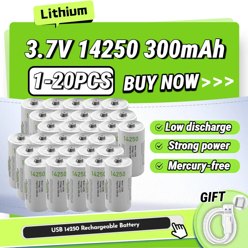 14250 3.7V 300mAh Rechargeable Lithium Battery High Capacity Safe USB Rechargeable for Sensors Laser Pointers with Free Cable
14250 3.7V 300mAh Rechargeable Lithium Battery High Capacity Safe USB Rechargeable for Sensors Laser Pointers with Free Cable
