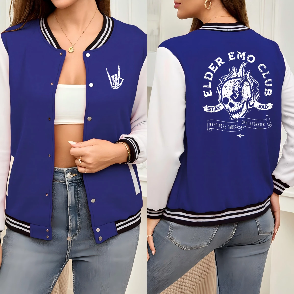 Personality Stay Sad Skull Print Baseball Jersey Women'S Hip Hop Loose Jacket Warm Sport Jackets Comfortable Trendy Sportswear
Personality Stay Sad Skull Print Baseball Jersey Women'S Hip Hop Loose Jacket Warm Sport Jackets Comfortable Trendy Sportswear