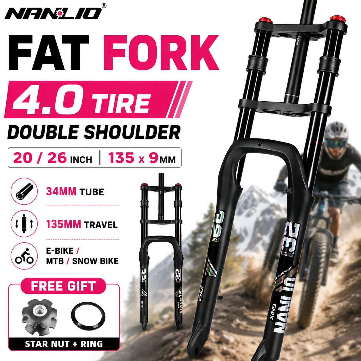 NANLIO Fat Bike Air Suspension Fork 20 26 Inch 4.0-5.0 Tire Double Crown MTB E-Bike Fork 135mm Travel 135x9mm 34mm Stanchion
NANLIO Fat Bike Air Suspension Fork 20 26 Inch 4.0-5.0 Tire Double Crown MTB E-Bike Fork 135mm Travel 135x9mm 34mm Stanchion
