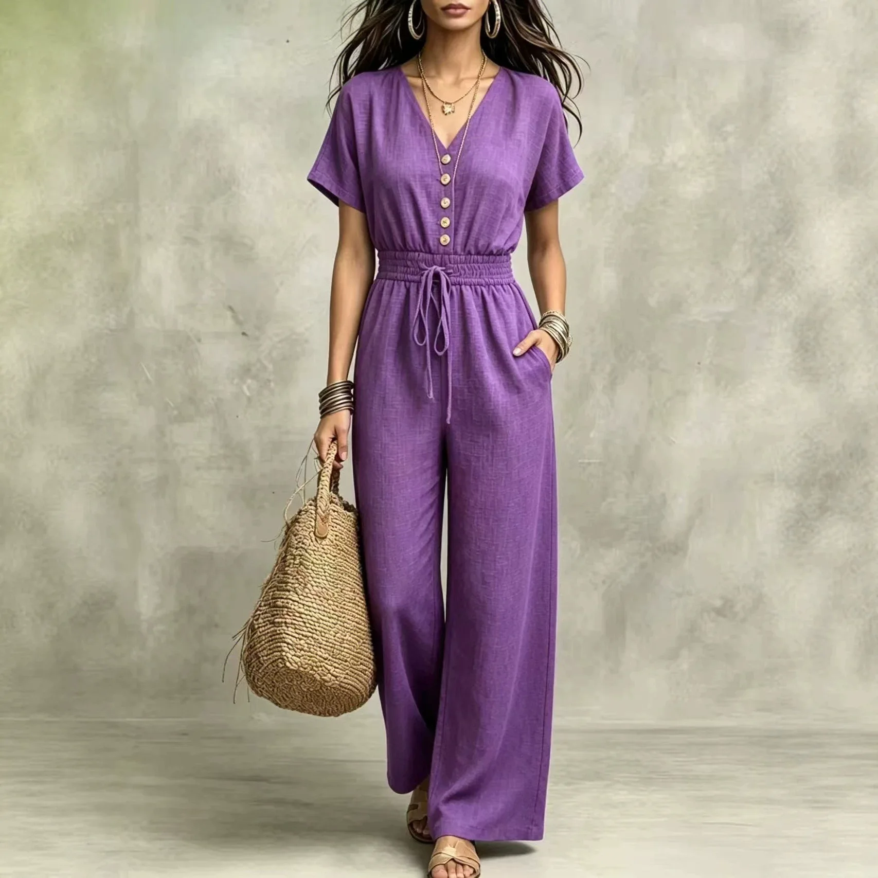 Women's Elegant V-neck Buttons Short Sleeve Drawstring Silm Waist Jumpsuits Rompers
Women's Elegant V-neck Buttons Short Sleeve Drawstring Silm Waist Jumpsuits Rompers