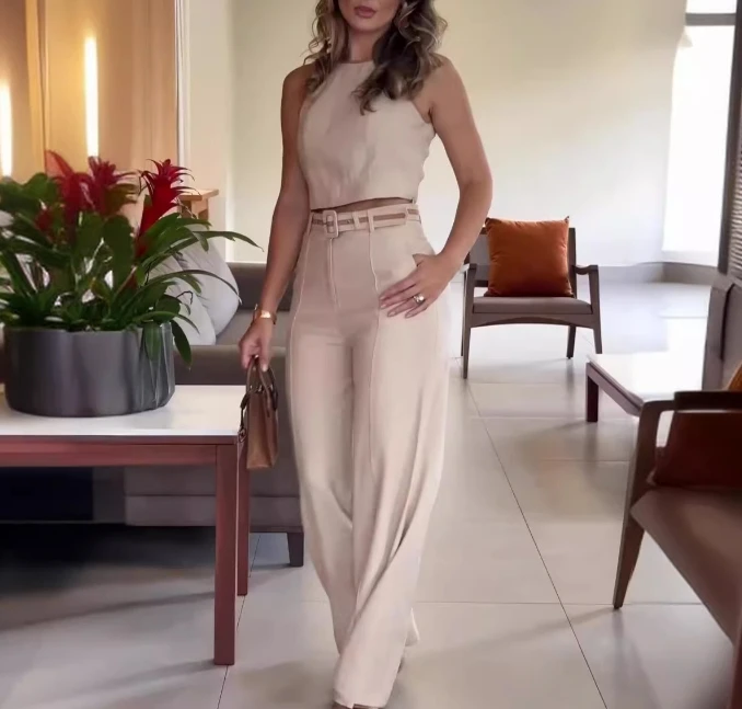 Casual Pants Set Women 2024 Summer Fashion Solid Color Round Neck Sleeveless Short High Waisted Wide Leg Pants Two Piece Female
Casual Pants Set Women 2024 Summer Fashion Solid Color Round Neck Sleeveless Short High Waisted Wide Leg Pants Two Piece Female