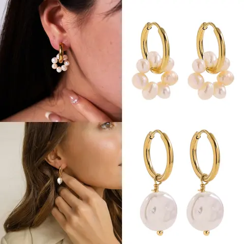 Vintage Baroque Pearl Pendant Drop Dangle Earrings for Women Girls Stainless Steel Huggies Hoop Earring Circle Ear Jewelry Gifts