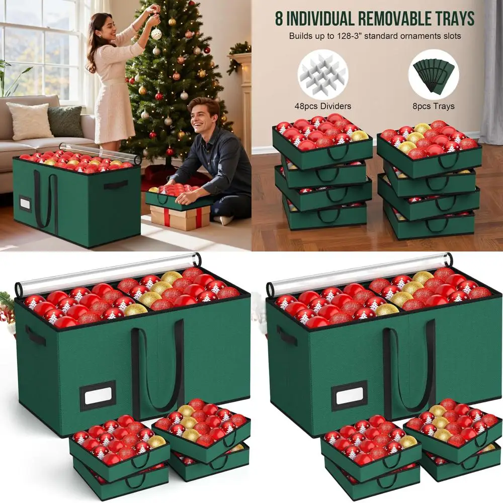 128-Capacity Ornament Storage Box with Zippered Closure, Adjustable Dividers, and 8 Trays for Holiday Decorations
128-Capacity Ornament Storage Box with Zippered Closure, Adjustable Dividers, and 8 Trays for Holiday Decorations
