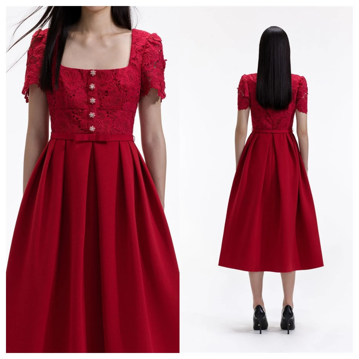 Customized Fashion Red Jersey Evening Dress Square Collar Short Sleeves Homecoming Dress Vestido De Festa Buttons Belt Modern
Customized Fashion Red Jersey Evening Dress Square Collar Short Sleeves Homecoming Dress Vestido De Festa Buttons Belt Modern