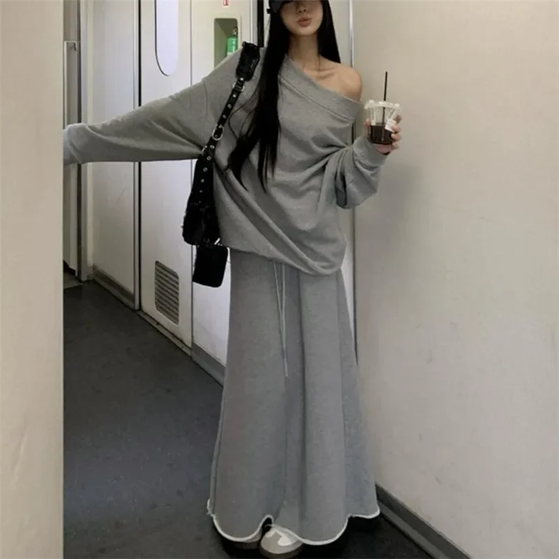 Women Fall Fashion Grey Two Pieces Long Dress Suits Off Shoulder Loose Hoodie Shirt&Long A Line Skirt Sets Casual 2PC Outfits
Women Fall Fashion Grey Two Pieces Long Dress Suits Off Shoulder Loose Hoodie Shirt&Long A Line Skirt Sets Casual 2PC Outfits