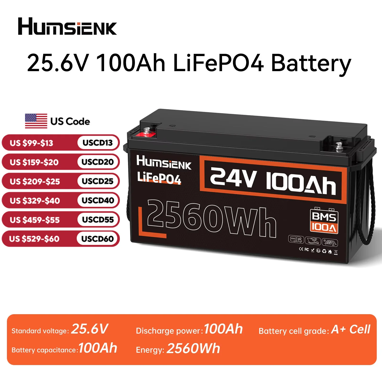 Humsienk 24V 100Ah LiFePO4 Battery 15000 Cycle 100A BMS UP 2560W For RV, Camper, Solar, Marine, Off-Grid,2-year warranty,UL 1973
Humsienk 24V 100Ah LiFePO4 Battery 15000 Cycle 100A BMS UP 2560W For RV, Camper, Solar, Marine, Off-Grid,2-year warranty,UL 1973