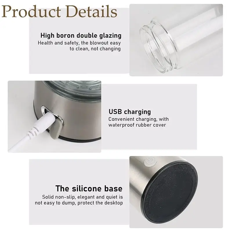 AA94-Portable Hydrogen Water Ionizer Machine USB Rechargeable Hydrogen Water Generator 420Ml 2PCS