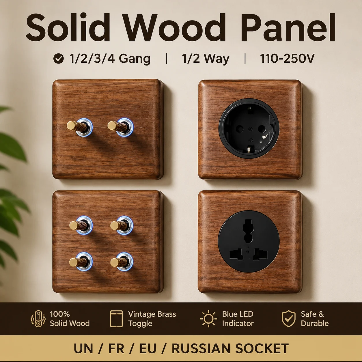 Solid Wood Panel Wall Switch Socket | 1/2/3/4 Gang 1/2 Way Light Switches & UN/FR/EU/Russian Standard, Vintage 86 Type, 110-250V
Solid Wood Panel Wall Switch Socket | 1/2/3/4 Gang 1/2 Way Light Switches & UN/FR/EU/Russian Standard, Vintage 86 Type, 110-250V