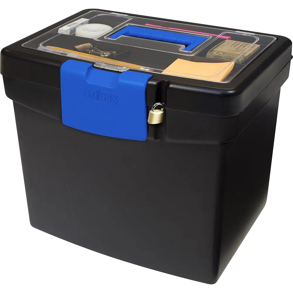 Portable File Box with Organizer Lid – Plastic Office File Storage Box for Letter Paper and Hanging Folders, Black/Blue, 1-C
Portable File Box with Organizer Lid – Plastic Office File Storage Box for Letter Paper and Hanging Folders, Black/Blue, 1-C